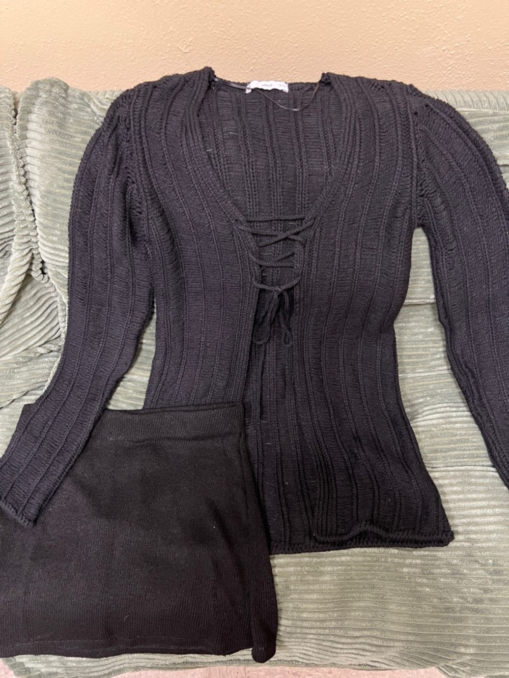 Mango Black Ribbed Lace-Up Knit Sweater
